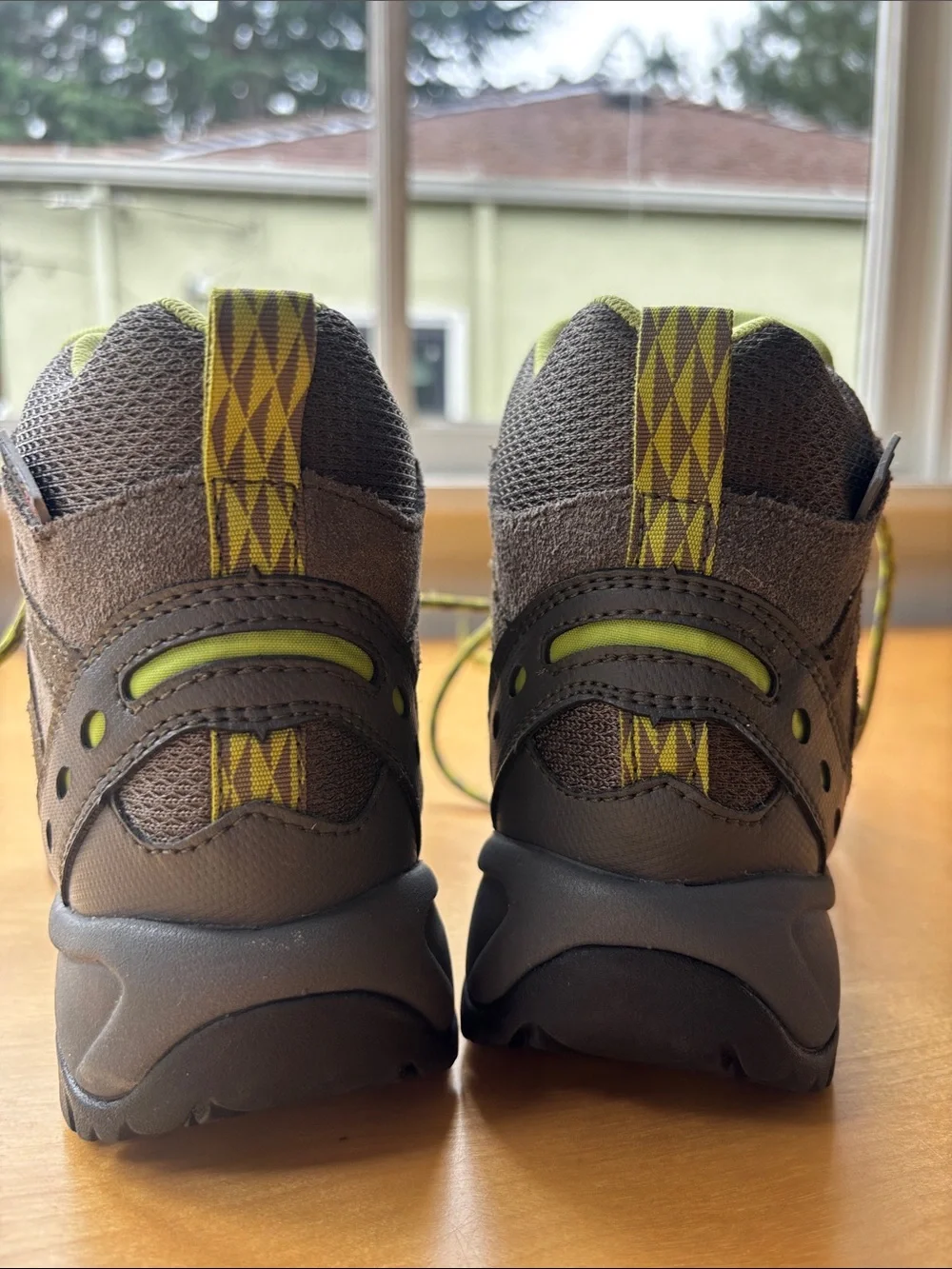 Kids Brown and Lime Green Hiking Boots